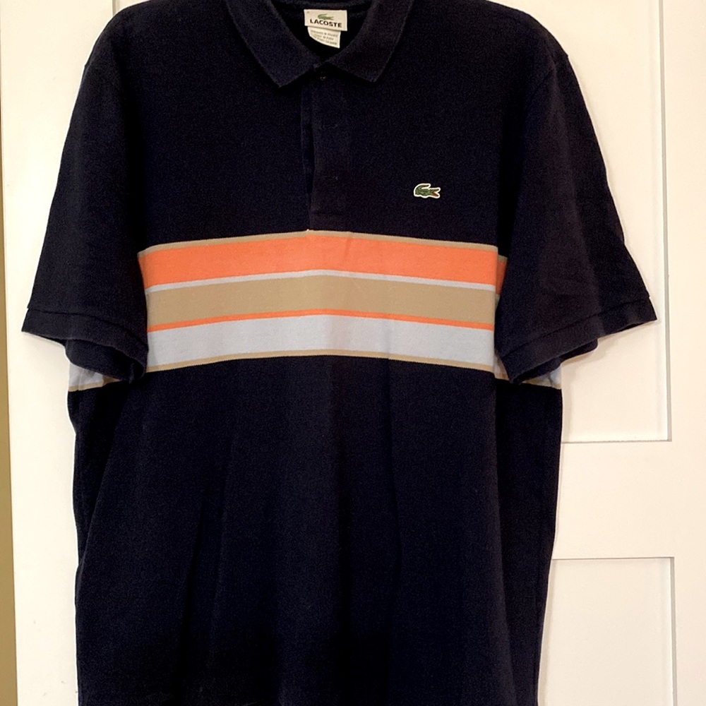 Lacoste Mens Short Sleeve Polo. Size 6. Navy with orange, sage, lt blue stripe